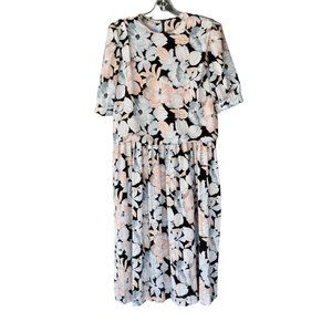 Women's Vintage 80's Leslie Fay Pastel Floral  Black Silky Dress 12